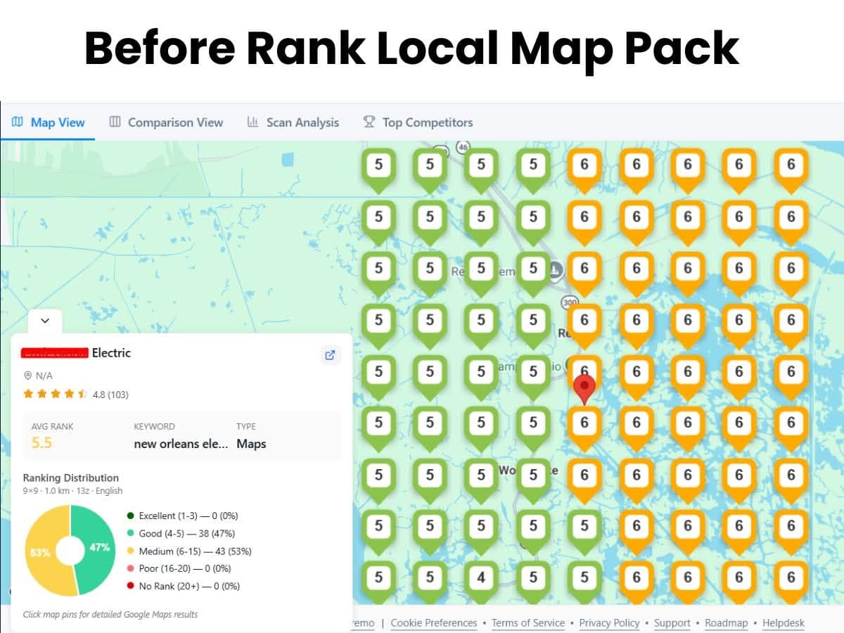 Before local map-pack report for a private project showing average rank 5.5